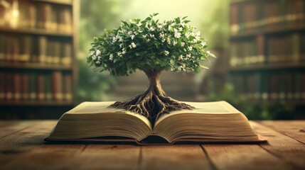 Tranquil scene of a tree growing from an open book on a wooden table, surrounded by books in a cozy library