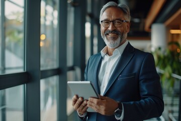 Middle aged CEO in office using digital tablet.