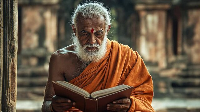an elderly Indian monk at an old temple, reading a book