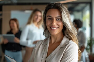 Confident business leader with team in office meeting.