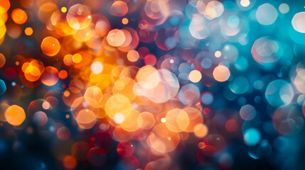 Blur Glow Overlay: Lens flare filter with bokeh sunlight glare leak. Retro illumination effect with defocused orange, blue, and white light, abstract background.