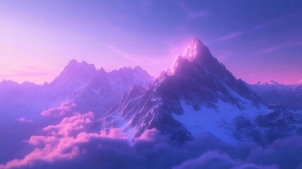 Majestic Mountains: Sunrise Peaks in Purple Hues, Serene Cloudscape