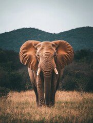 Elephant in a field with mountains