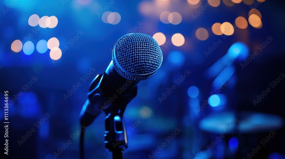 Poster close-up of a microphone on a stand in a dimly lit concert setting with blurred background lights.