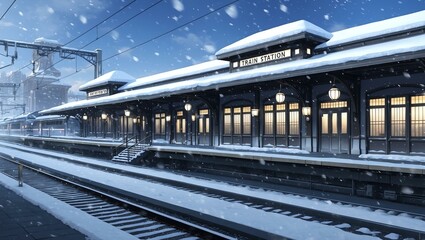 Elegant anime style of a train station exterior coated with snow background