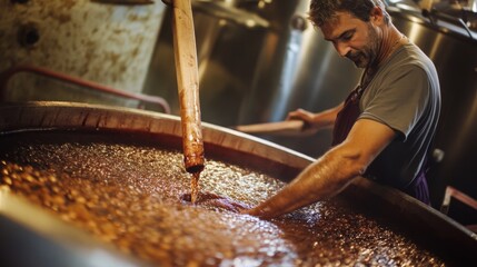 A winemaker skillfully stirs a large vat of grape must in an old-world winery. Natural fermentation is taking place, showcasing the artisanal method of wine production in a rustic environment.