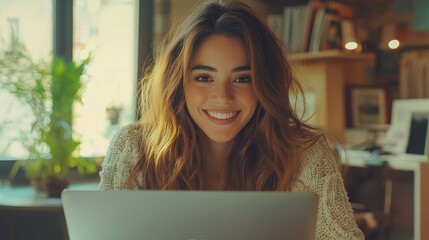 Work from home, Woman working on laptop, Digital Marketing, Smiling Woman Working from Home