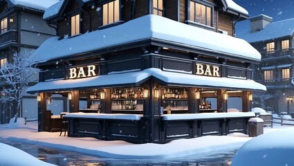 Fototapeta premium Elegant anime style of a bar exterior coated with snow background