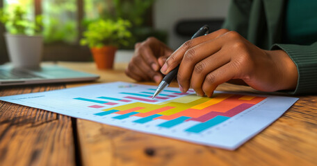 Fototapeta premium Person Analyzing Colorful Bar Graph at Wooden Desk