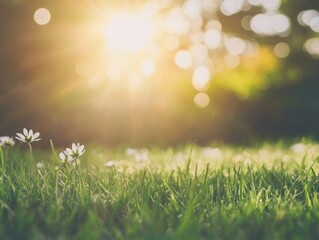 Green lawn with fresh grass outdoors. Nature spring grass background texture. - ai