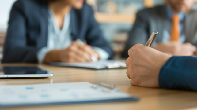 Close-up of debrief notes with a business team in a collaborative review session, focusing on key moments from a recent negotiation and discussing next steps for success