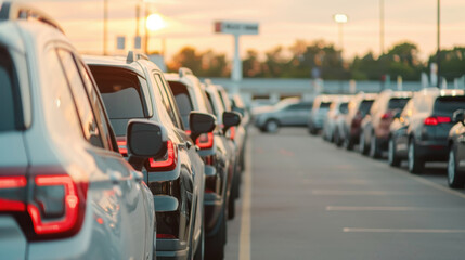 A large outdoor parking lot filled with cars for sale, with a sign for a car dealership in the background, indicating a bustling automotive industry