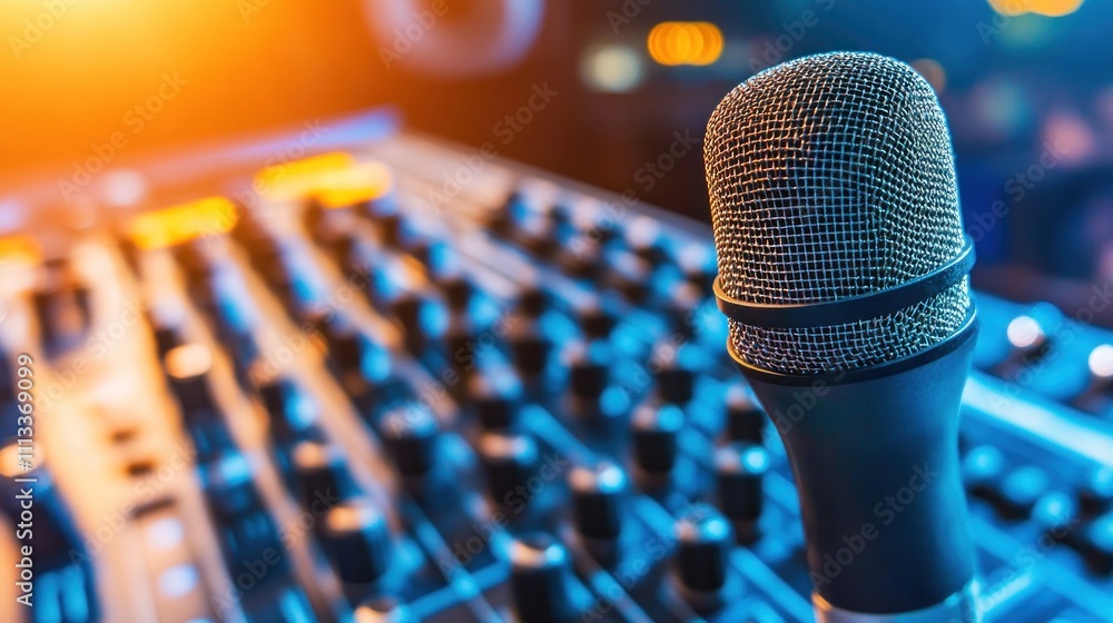 Poster close-up of a microphone on a sound mixing console in a recording studio.