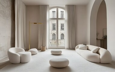Modern minimalist living room with beige sofa, armchairs, and ottomans, large window, and neutral color palette.