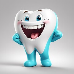 Fototapeta premium 3D cartoon mascot of strong, laughing white teeth, isolated on a light background.