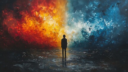 Obraz premium two separate paintings of two different worlds hanging on a wall and a person trying to be part of both. 