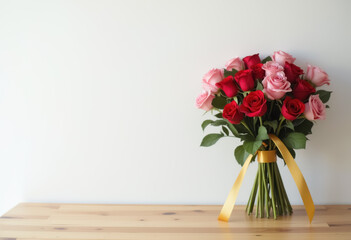 Fototapeta premium Elegant bouquet of red and pink roses on wooden table with golden ribbon for celebratory occasions