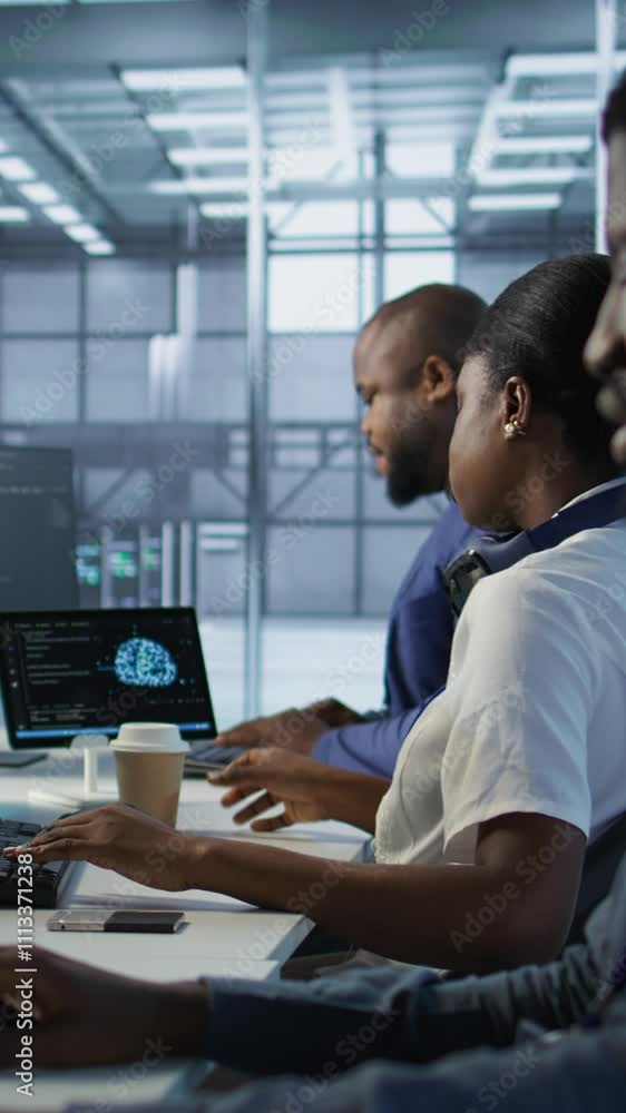 Poster vertical video admin in data center drinking coffee and implementing ai predictive maintenance syste