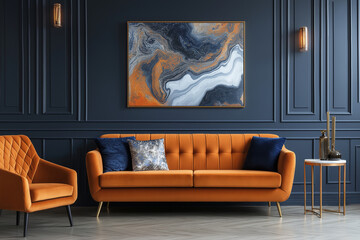 Orange sofa and armchair against fark blue classic background  