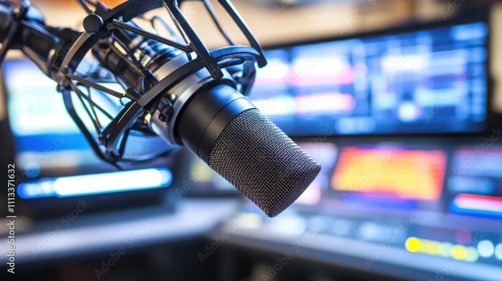 Poster close-up of professional microphone in recording studio with blurred background of broadcasting equi
