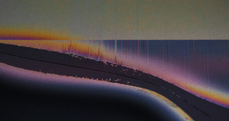 Broken television. Distorted analog. Display crackled with glowing glitch defocused reflections....