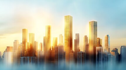 Fototapeta premium The illustration showcases a futuristic cityscape bathed in golden sunlight, with towering skyscrapers coated in shimmering gold facades, reflecting the warm hues of the sunrise