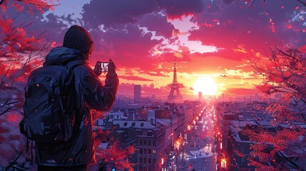 Fototapeta premium Tourist walking through the vibrant streets of a new city, capturing photos