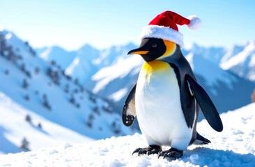 Fototapeta premium Penguin in a Santa Claus hat on snow in the winter, against the backdrop of Snow-covered Mountains. Close-up of funny Penguin. Illustration with Copy Space
