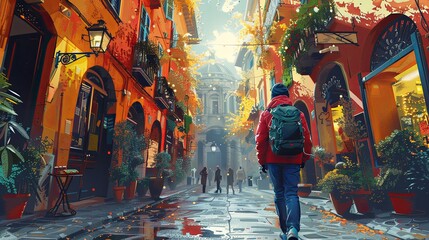 Naklejka premium Tourist walking through the vibrant streets of a new city, capturing photos