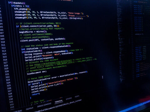 Programming code on a computer screen. Source code photo. Embedded System Technology background. 