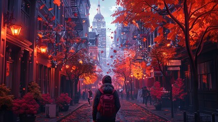 Fototapeta premium Tourist walking through the vibrant streets of a new city, capturing photos