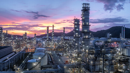 Aerial view oil and gas refinery industry plant, Oil and gas petrochemical  industrial storage tank refinery plant, Industry Oil refinery oil and gas refinery factory power and fuel energy.