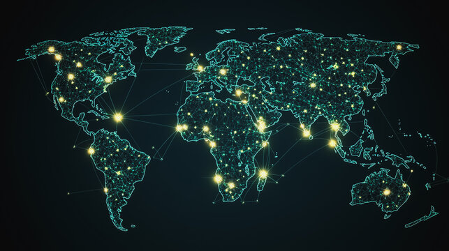 abstract business connection of line from nail node to node on world map background Innovation network points Earth's surface