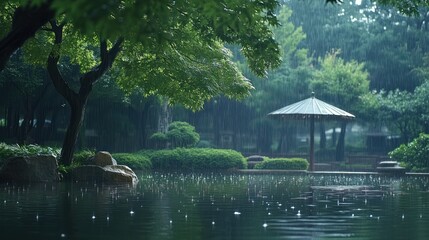 Rain falling on a tranquil garden pond scene