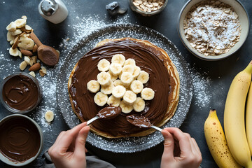 Hands spreading nutella on banana pancake, ingredients scattered nearby.