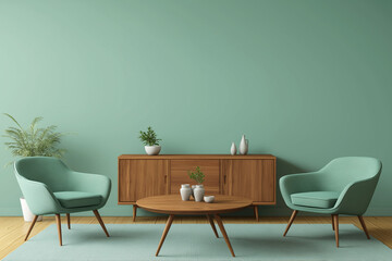 Mint color chairs at round wooden dining table  