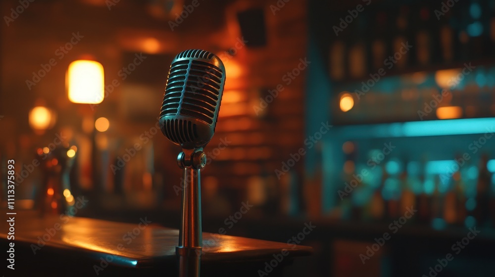 Poster retro microphone on bar counter in dimly lit pub.