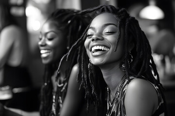 Two young african american women with dreadlocks laughing in a hair salon.