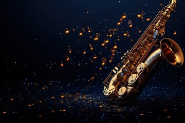 Obraz premium Golden saxophone on dark background with musical notes.