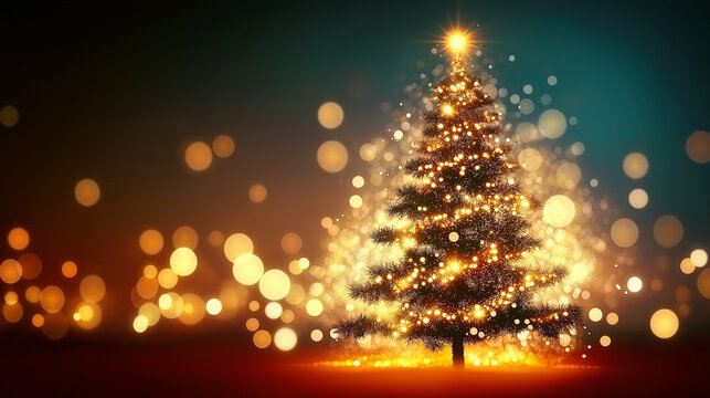 Enchanting Christmas Tree with Sparkling Lights and Golden Bokeh