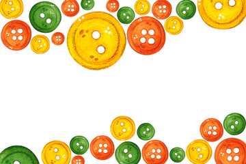 Horizontal frame of colored buttons on a white background. Watercolor illustration hand drawn in cartoon style. Drawing for textiles, paper, cards. buttons, tailor, seamstress, clothes, frame, sew