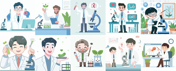 Vector Set of a Biologist in a Simple Flat Design Style