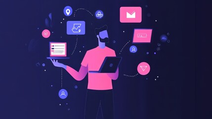 Businessman holding laptop with multiple digital devices and social media icons floating around, representing online marketing or technology concept.