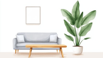 Minimalist serenity living room concept, Modern living room with a light gray sofa, wooden coffee table, and a large potted plant against a white wall.