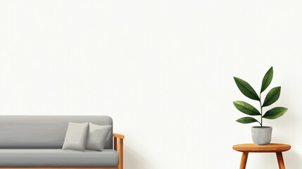 Minimalist serenity living room concept, Modern living room featuring a cozy sofa and a potted plant on a wooden table against a neutral wall.
