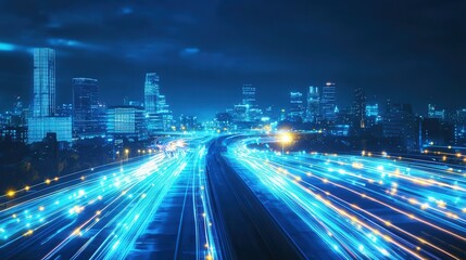 Naklejka premium Futuristic road with glowing pathways illuminating cityscape at night urban landscape aerial view technology concept