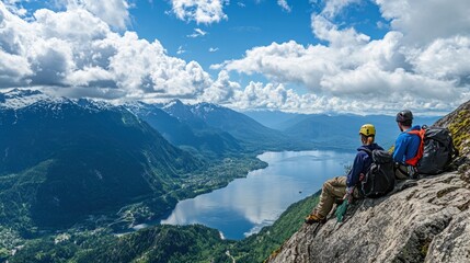Two hikers enjoy a scenic mountain view overlooking a lake and distant mountains.