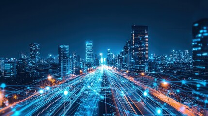 Fototapeta premium Futuristic road with glowing pathways urban city digital landscape night scene high-tech concept for future transport
