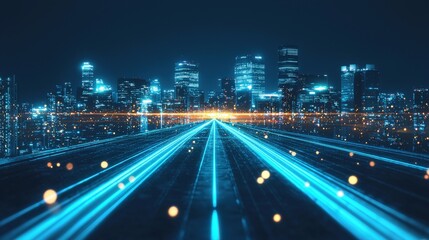 Obraz premium High-tech night cityscape futuristic urban roadway with glowing pathways in a wide-angle digital art experience
