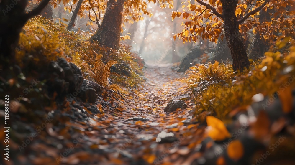 Poster winding leaf-covered path through tranquil autumn forest nature scene serene environment low angle v